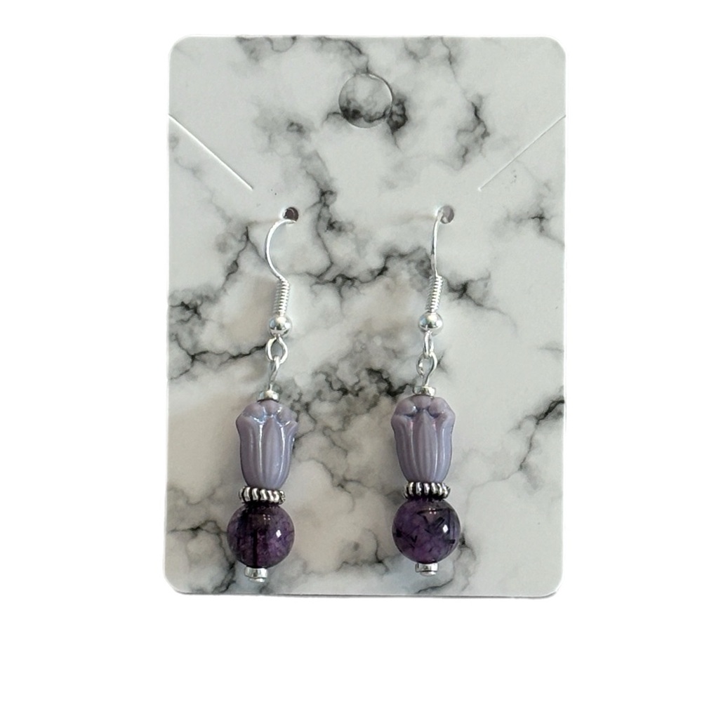 Purple Tulip Drop Earrings Rutilated Quartz and Czech Glass